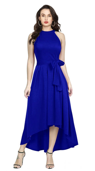 Mayawye Women's Polyster Solid Halter Neck Sleeveless Dress (Royal Blue)