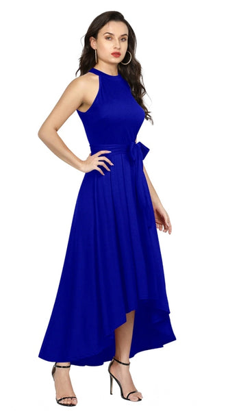 Mayawye Women's Polyster Solid Halter Neck Sleeveless Dress (Royal Blue)