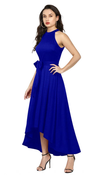 Mayawye Women's Polyster Solid Halter Neck Sleeveless Dress (Royal Blue)