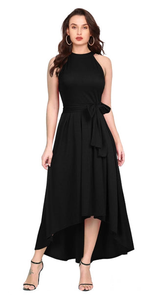Mayawye Women's Polyster Solid Halter Neck Sleeveless Dress (Black)