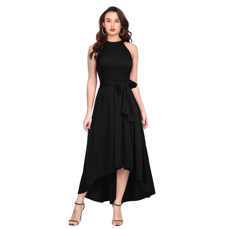 Mayawye Women's Polyster Solid Halter Neck Sleeveless Dress (Black)