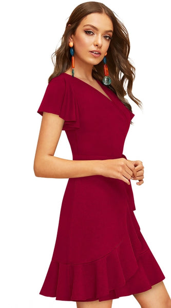 Mayawye Women's Knitting stretchable Solid V Neck Flaired Sleeve Dress (Maroon )
