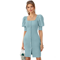 Mayawye Women's Knitting stretchable Solid Square Neck 3-4 Puff Sleeve Dress (Pista)