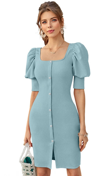 Mayawye Women's Knitting stretchable Solid Square Neck 3-4 Puff Sleeve Dress (Pista)