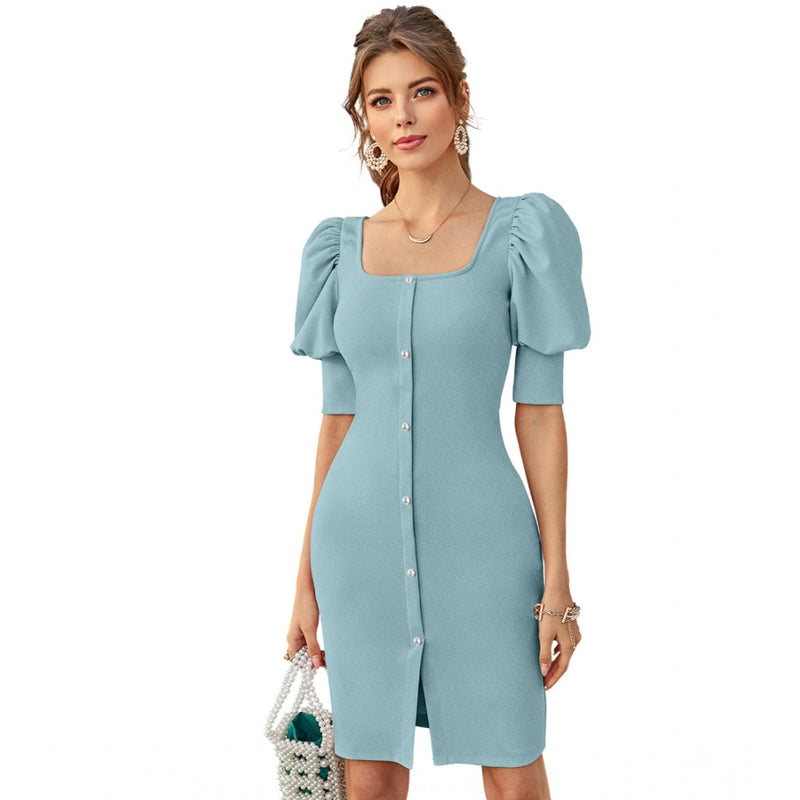 Mayawye Women's Knitting stretchable Solid Square Neck 3-4 Puff Sleeve Dress (Pista)