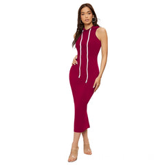 Mayawye Women's Knitting stretchable Solid Round Neck Sleeveless Dress (Maroon)