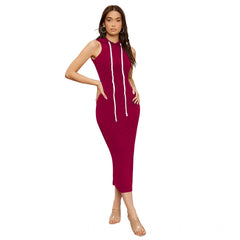 Mayawye Women's Knitting stretchable Solid Round Neck Sleeveless Dress (Maroon)