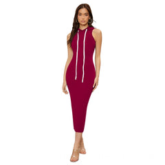 Mayawye Women's Knitting stretchable Solid Round Neck Sleeveless Dress (Maroon)