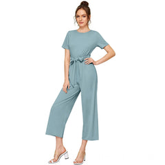 Mayawye Women's Knitting stretchable Solid Round Neck Cap Sleeve Jumpsuit (Pista )