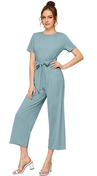 Mayawye Women's Knitting stretchable Solid Round Neck Cap Sleeve Jumpsuit (Pista )
