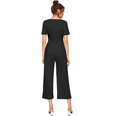 Mayawye Women's Knitting stretchable Solid Round Neck Cap Sleeve Jumpsuit (Black)