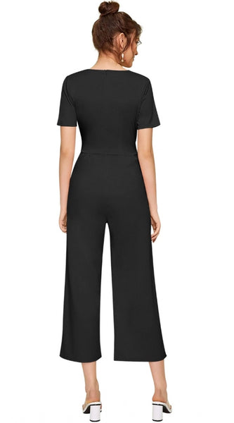 Mayawye Women's Knitting stretchable Solid Round Neck Cap Sleeve Jumpsuit (Black)