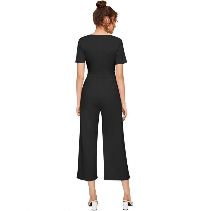 Mayawye Women's Knitting stretchable Solid Round Neck Cap Sleeve Jumpsuit (Black)