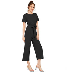 Mayawye Women's Knitting stretchable Solid Round Neck Cap Sleeve Jumpsuit (Black)
