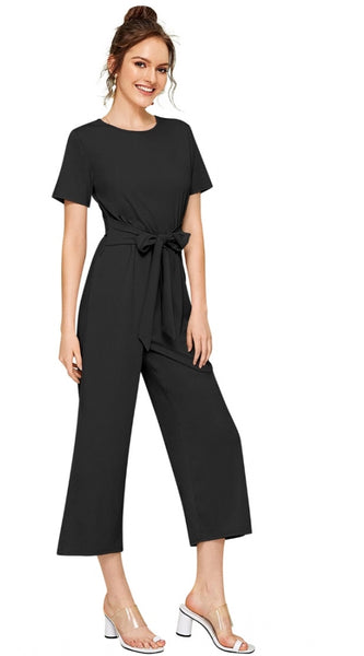 Mayawye Women's Knitting stretchable Solid Round Neck Cap Sleeve Jumpsuit (Black)