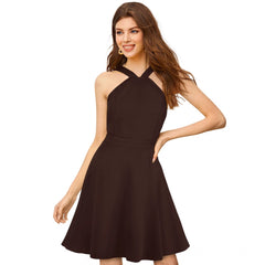 Mayawye Women's Knitting stretchable Solid Halter Neck Sleeveless Dress (Coffee)