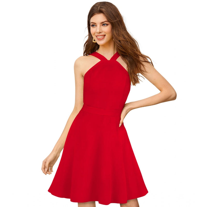 Mayawye Women's Knitting stretchable Solid Halter Neck Sleeveless Dress (Red )