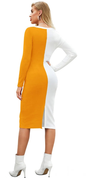 Mayawye Women's Knitting stretchable Solid Round Neck Full Sleeve Dress (Yellow)