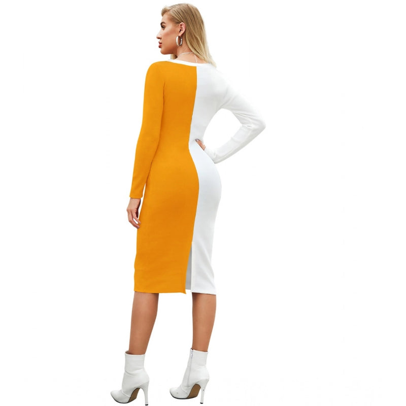 Mayawye Women's Knitting stretchable Solid Round Neck Full Sleeve Dress (Yellow)