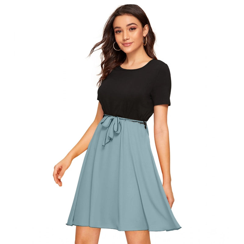 Mayawye Women's Knitting stretchable Solid Round Neck Cap Sleeve Dress (Pista)