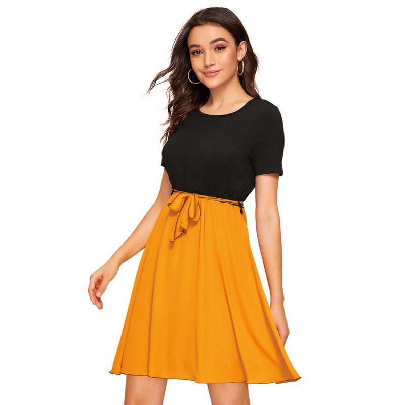 Mayawye Women's Knitting stretchable Solid Round Neck Cap Sleeve Dress (Yellow)