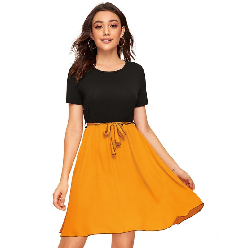 Mayawye Women's Knitting stretchable Solid Round Neck Cap Sleeve Dress (Yellow)