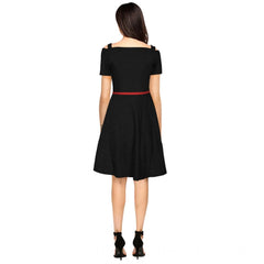 Mayawye Women's Polyester Solid V Neck Cap Sleeve Dress (Black)