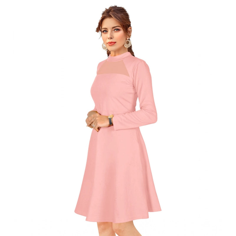 Mayawye Women's Knitting stretchable Solid Round Neck Full Sleeve Dress (Peach)