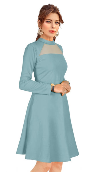 Mayawye Women's Knitting stretchable Solid Round Neck Full Sleeve Dress (Pista)