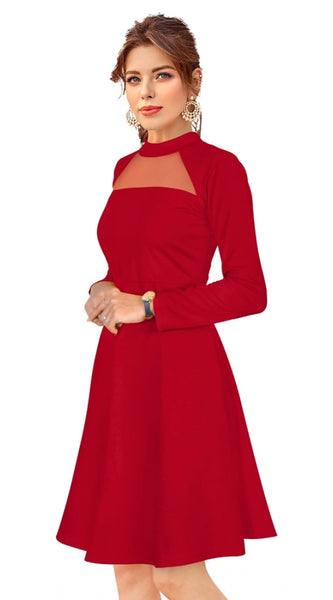 Mayawye Women's Knitting stretchable Solid Round Neck Full Sleeve Dress (Red)