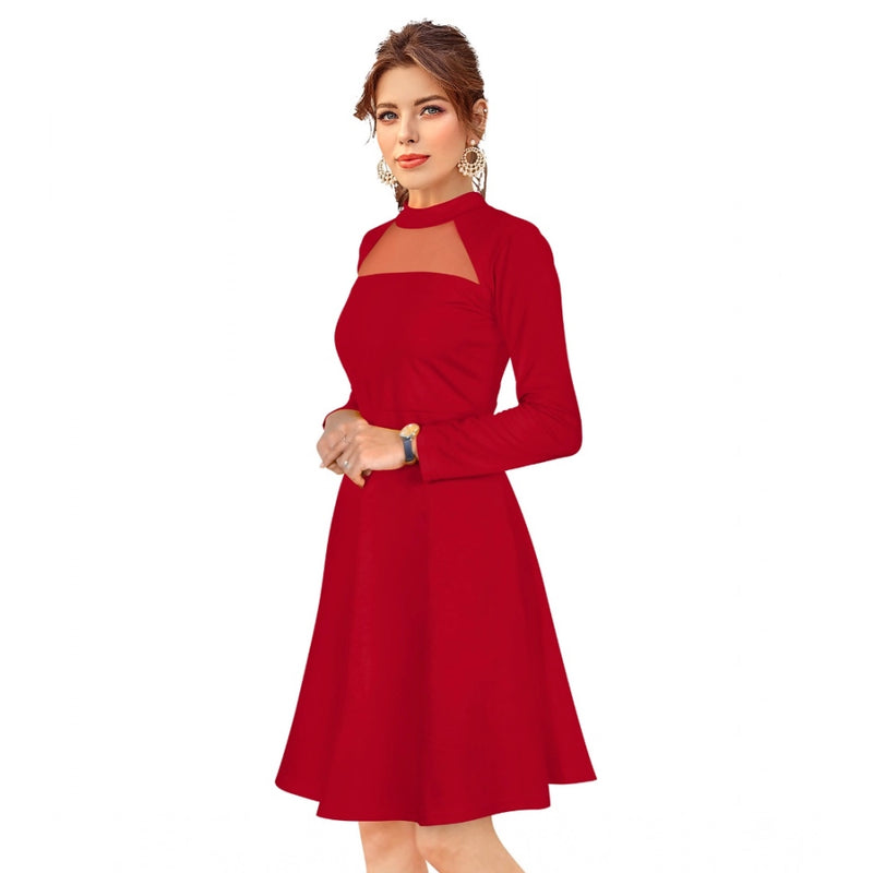 Mayawye Women's Knitting stretchable Solid Round Neck Full Sleeve Dress (Red)