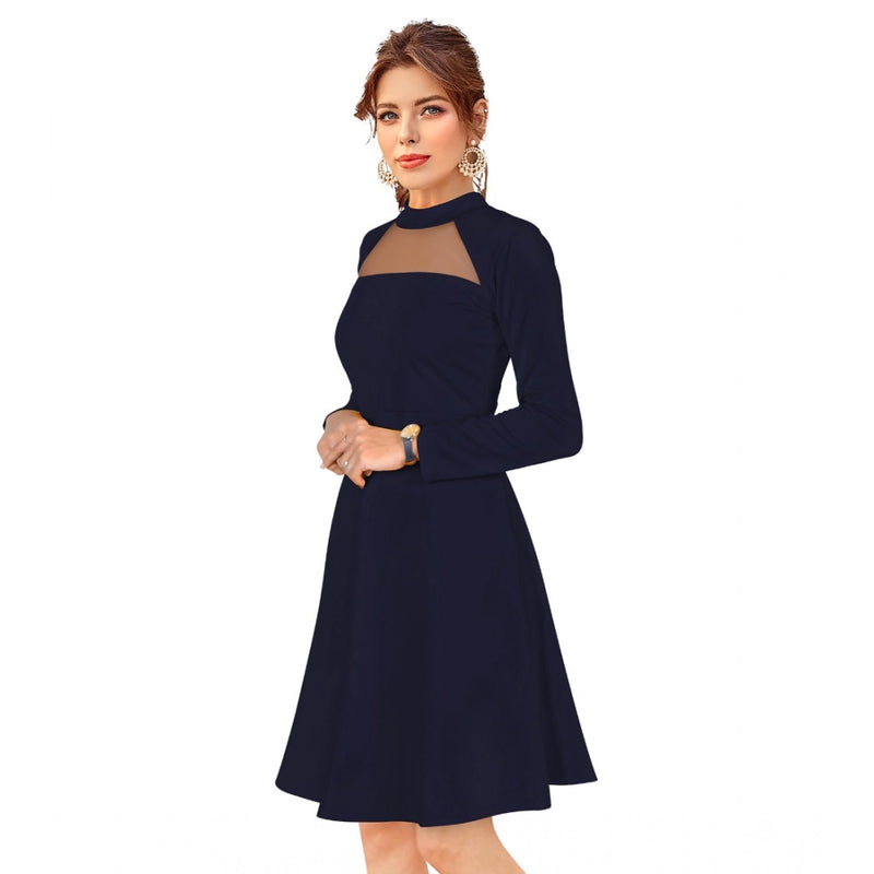 Mayawye Women's Knitting stretchable Solid Round Neck Full Sleeve Dress (Blue)