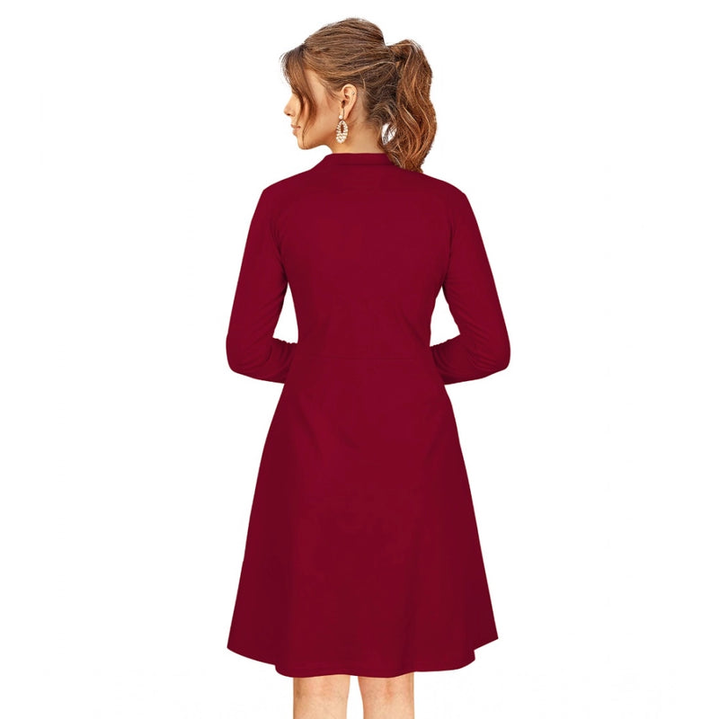 Mayawye Women's Knitting stretchable Solid Round Neck Full Sleeve Dress (Maroon)