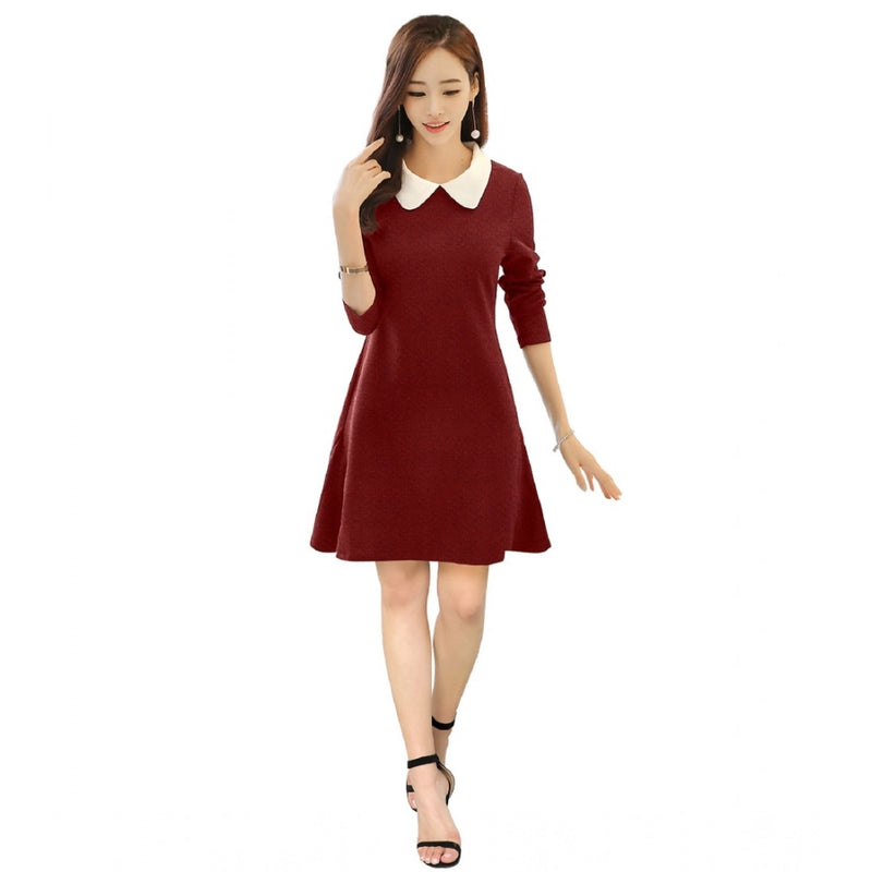Mayawye Women's Polyester Solid Collar 3-4th Dress (Maroon)