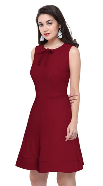 Mayawye Women's Polyester Solid Round Neck Sleeveless Dress (Maroon)