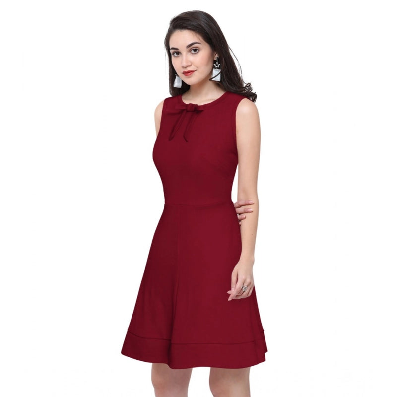 Mayawye Women's Polyester Solid Round Neck Sleeveless Dress (Maroon)