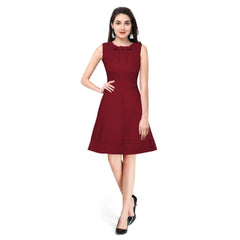 Mayawye Women's Polyester Solid Round Neck Sleeveless Dress (Maroon)