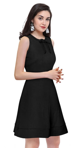 Mayawye Women's Polyester Solid Round Neck Sleeveless Dress (Black)