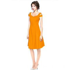 Mayawye Women's Polyester Solid V Neck Cap Sleeve off Shoulder Dress (Yellow)