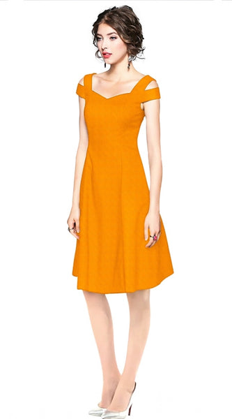 Mayawye Women's Polyester Solid V Neck Cap Sleeve off Shoulder Dress (Yellow)