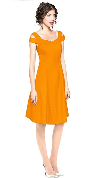 Mayawye Women's Polyester Solid V Neck Cap Sleeve off Shoulder Dress (Yellow)