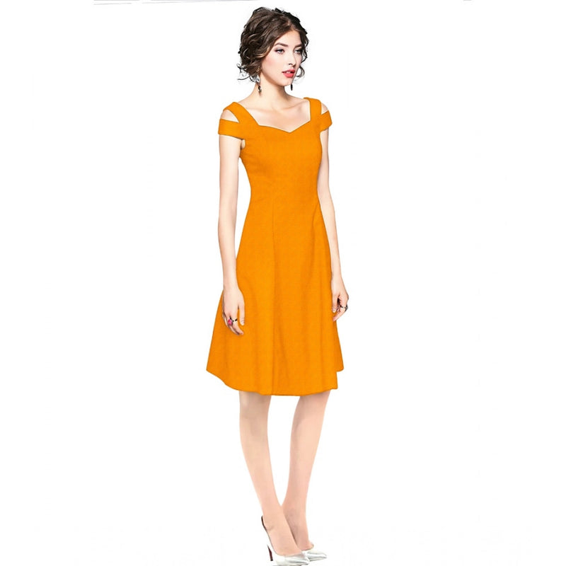 Mayawye Women's Polyester Solid V Neck Cap Sleeve off Shoulder Dress (Yellow)