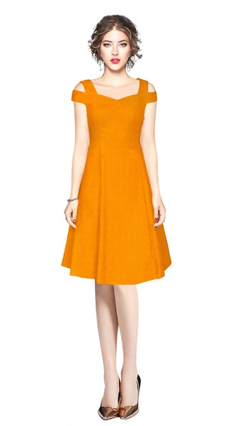 Mayawye Women's Polyester Solid V Neck Cap Sleeve off Shoulder Dress (Yellow)