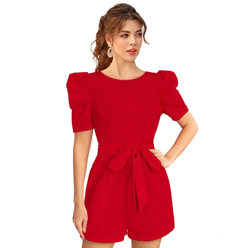 Mayawye Women's Knitting stretchable Solid Round Neck 3-4 Puff Sleeve Dress (Red )