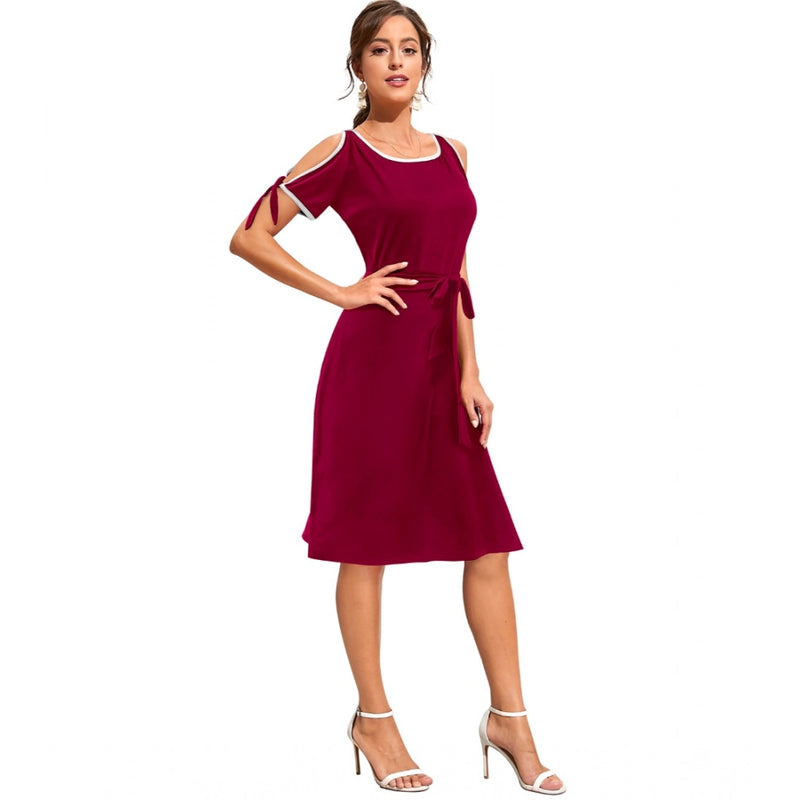 Mayawye Women's Knitting stretchable Solid Round Neck Sleeveless Dress (Maroon)