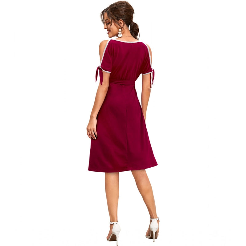 Mayawye Women's Knitting stretchable Solid Round Neck Sleeveless Dress (Maroon)