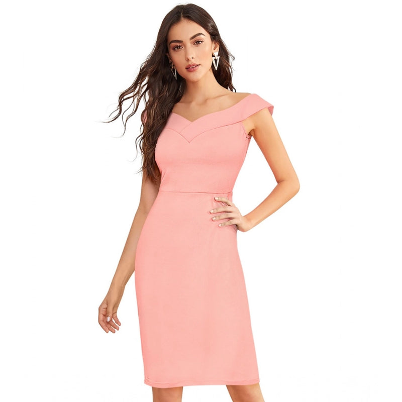Mayawye Women's Knitting stretchable Solid Round Neck Sleeveless Dress (Peach)