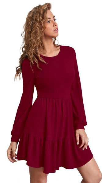 Mayawye Women's Knitting stretchable Solid Round Neck Full Sleeve Dress (Maroon)