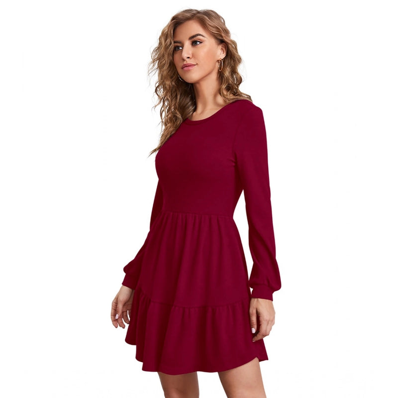 Mayawye Women's Knitting stretchable Solid Round Neck Full Sleeve Dress (Maroon)