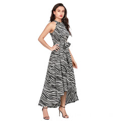 Mayawye Women's Polyester Zebra Pattern Halter Neck Sleeveless Dress (White)
